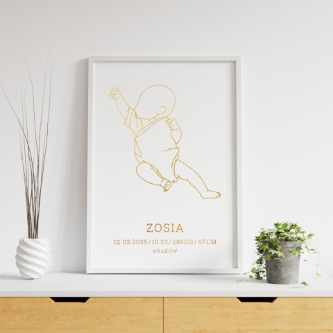 Minimalistyczna metryczka dla dziecka ze złoceniem i szkicowanym niemowlakiem - Golden golden Sketch IV